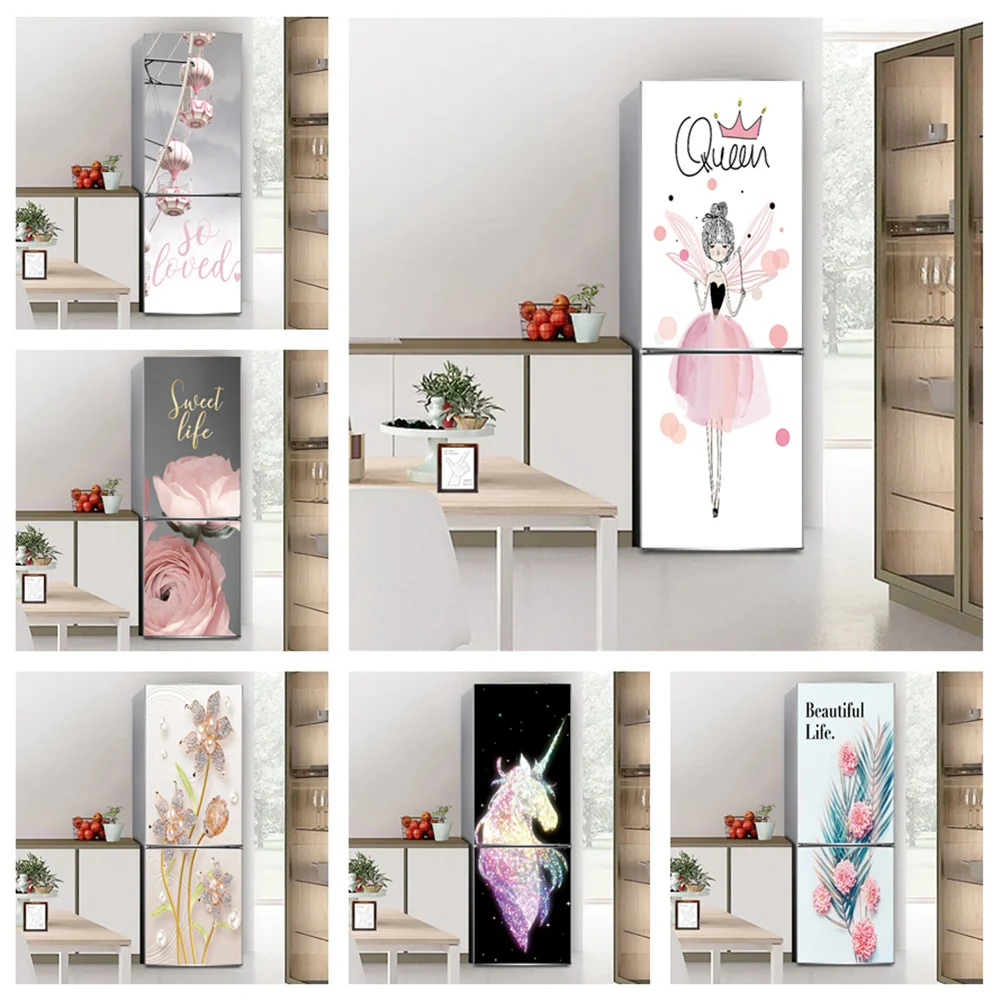 Nice Kitchen Decorative Fridge Covering Full Sticker Queen Fairy Pink Rose Palm Leaf PVC Home Decor Refrigerator Removable Decal 
Nice Kitchen Decorative Fridge Covering Full Sticker Queen Fairy Pink Rose Palm Leaf PVC Home Decor Refrigerator Removable Decal
