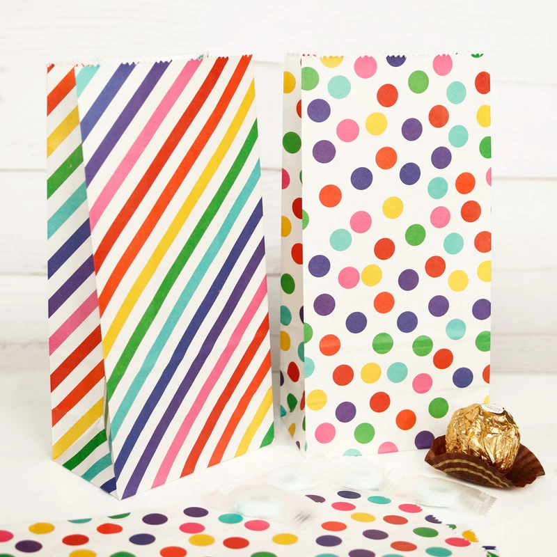 

Радужные Разноцветные полосатые бумажные подарочные пакеты в горошек, женские свадебные пакеты для конфет и печенья, открывающиеся сверху, стоячие пакеты «сделай сам» для подарков на день рождения