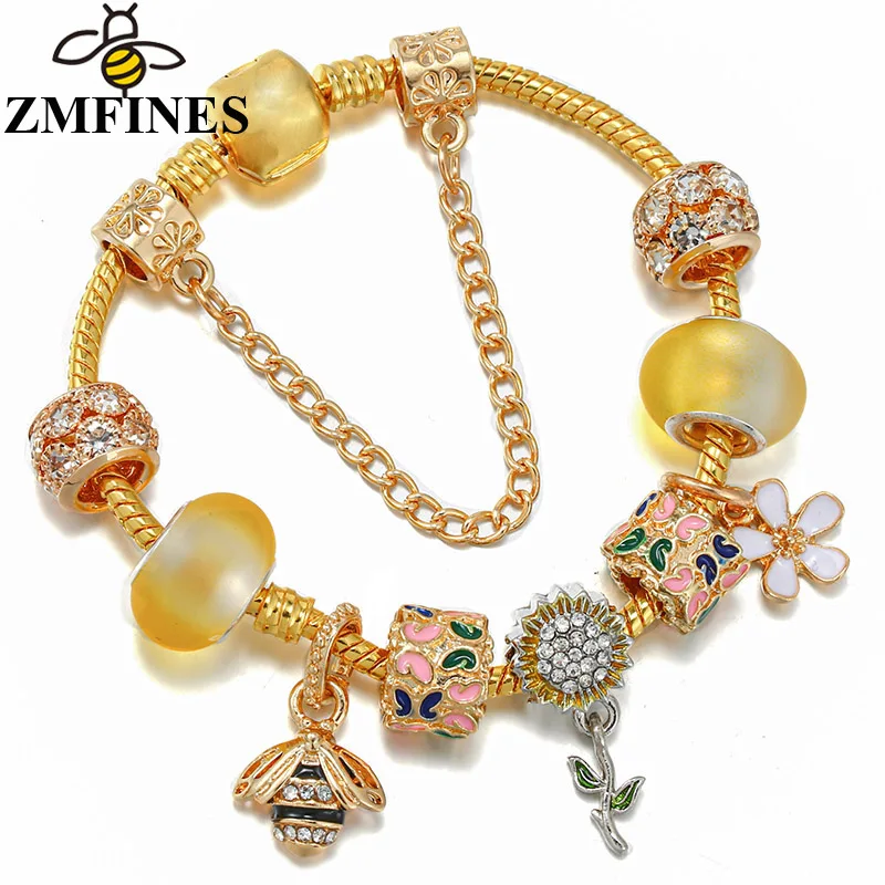 Spring Style Charm Bracelet For Women With Gold Color Snake Chain Honeybee Sunflower Charms Beads Pendants High-Quality Jewelry
Spring Style Charm Bracelet For Women With Gold Color Snake Chain Honeybee Sunflower Charms Beads Pendants High-Quality Jewelry