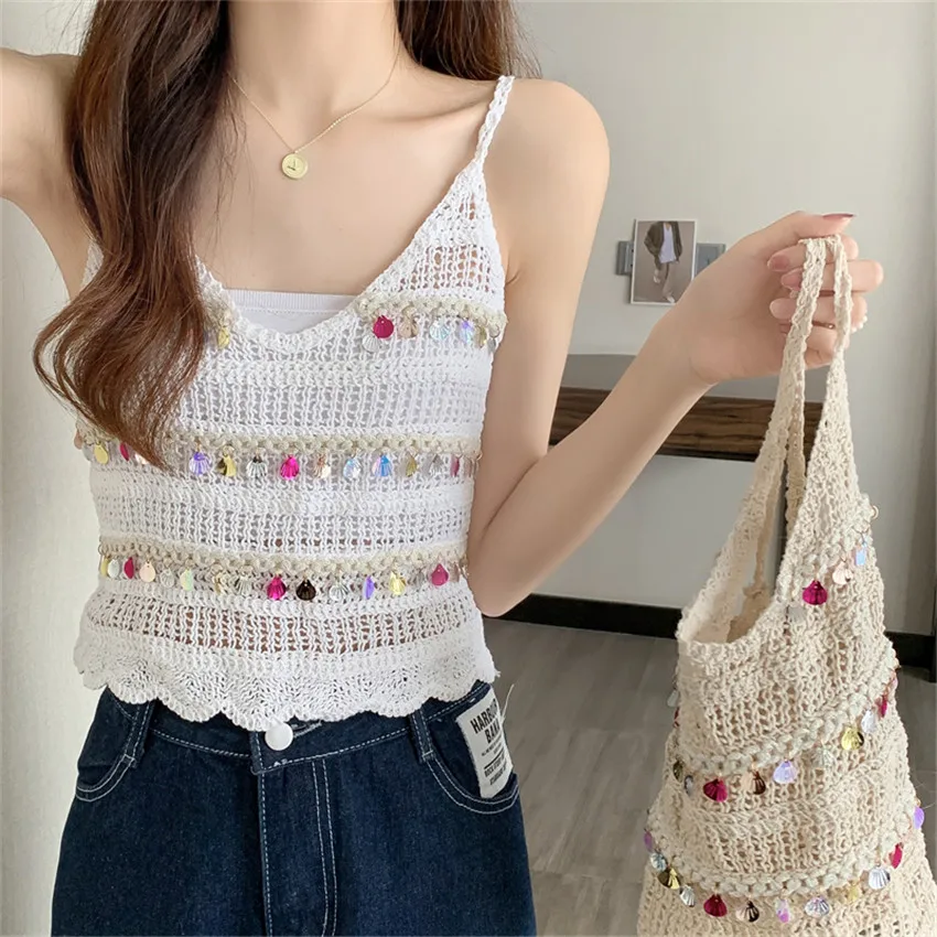 Summer Beach Crochet Top Sexy HollowOut Knitted Tank Tops Women V-Neck Sleeveless Camis Sequined Boho Clothing
Summer Beach Crochet Top Sexy HollowOut Knitted Tank Tops Women V-Neck Sleeveless Camis Sequined Boho Clothing