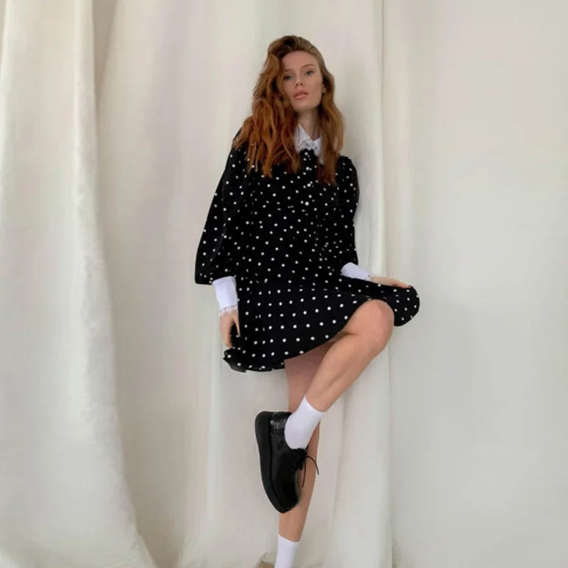 Sweet Polka Dot Mini Dress for Girls Vintage Lace Peter Pan Collar Lantern Sleeve A-Line Party Dress Elegant High Waist Slim New
Sweet Polka Dot Mini Dress for Girls Vintage Lace Peter Pan Collar Lantern Sleeve A-Line Party Dress Elegant High Waist Slim New