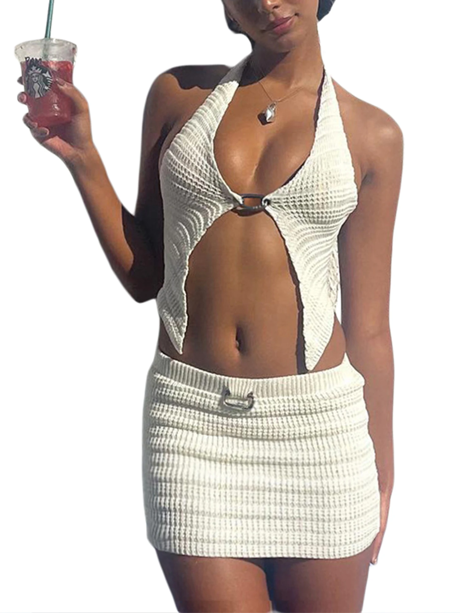 

Трикотажный комплект из двух предметов для женщин, привлекательный укороченный топ и мини-юбка на выход, Y2k, летняя пляжная одежда для работы в уличном стиле (белый-A M)