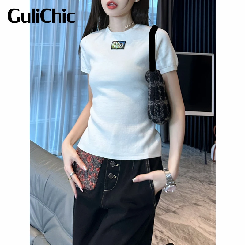 12.24 GuliChic Women Simple Casual Letter Sequins Beading Embroidery Round Neck Stretch Knitted Slim Short T-Shirt
12.24 GuliChic Women Simple Casual Letter Sequins Beading Embroidery Round Neck Stretch Knitted Slim Short T-Shirt