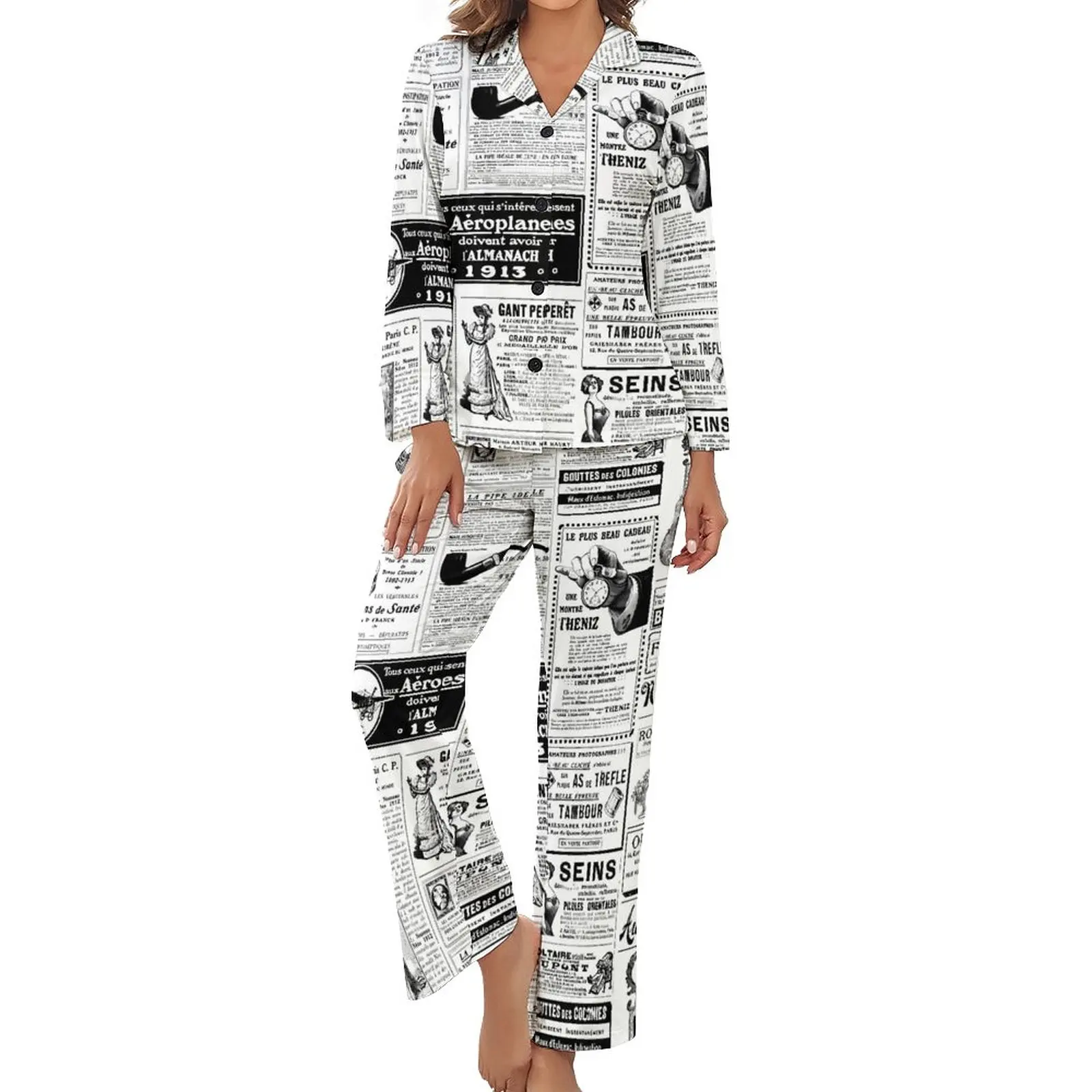 Victorian Newspaper Pajamas Autumn 2 Pieces Black White Letter Kawaii Pajamas Set Long Sleeve V Neck Leisure Design Home Suit
Victorian Newspaper Pajamas Autumn 2 Pieces Black White Letter Kawaii Pajamas Set Long Sleeve V Neck Leisure Design Home Suit