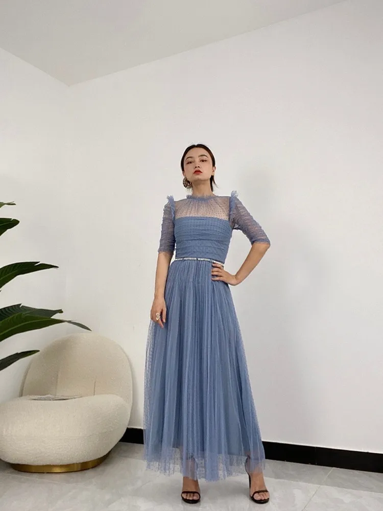 Sweet Style 2022 Spring Summer Top Quality Solid Blue Flocking Polka Dot Mesh Frill Ruffle Princess Long Dresses for Women
Sweet Style 2022 Spring Summer Top Quality Solid Blue Flocking Polka Dot Mesh Frill Ruffle Princess Long Dresses for Women