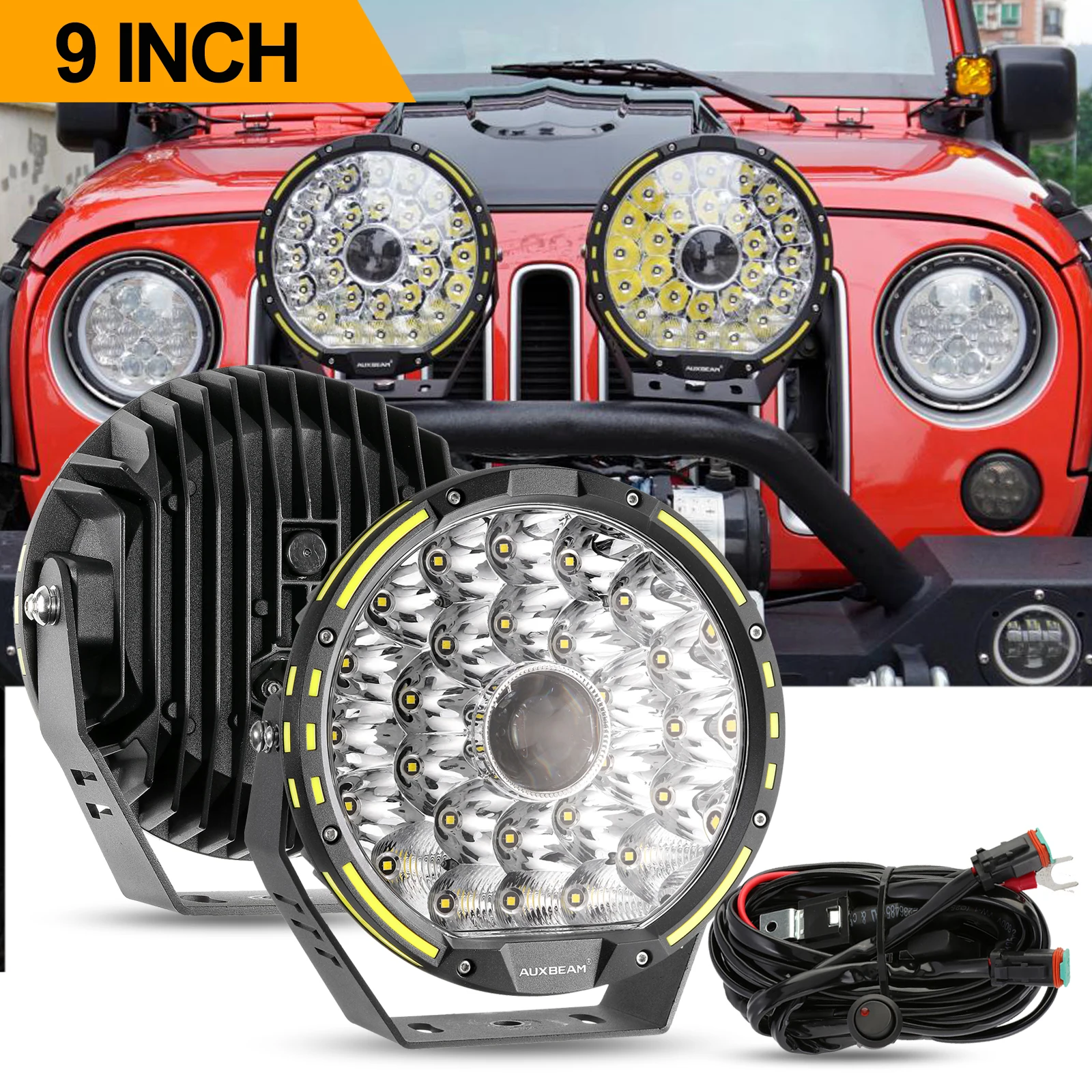 

Auxbeam 1 Pair 270W LED Work Light 9 inch Round Spot Light Shock-proof IP68 Waterproof 6000K Projector Lamp with Harness Kit