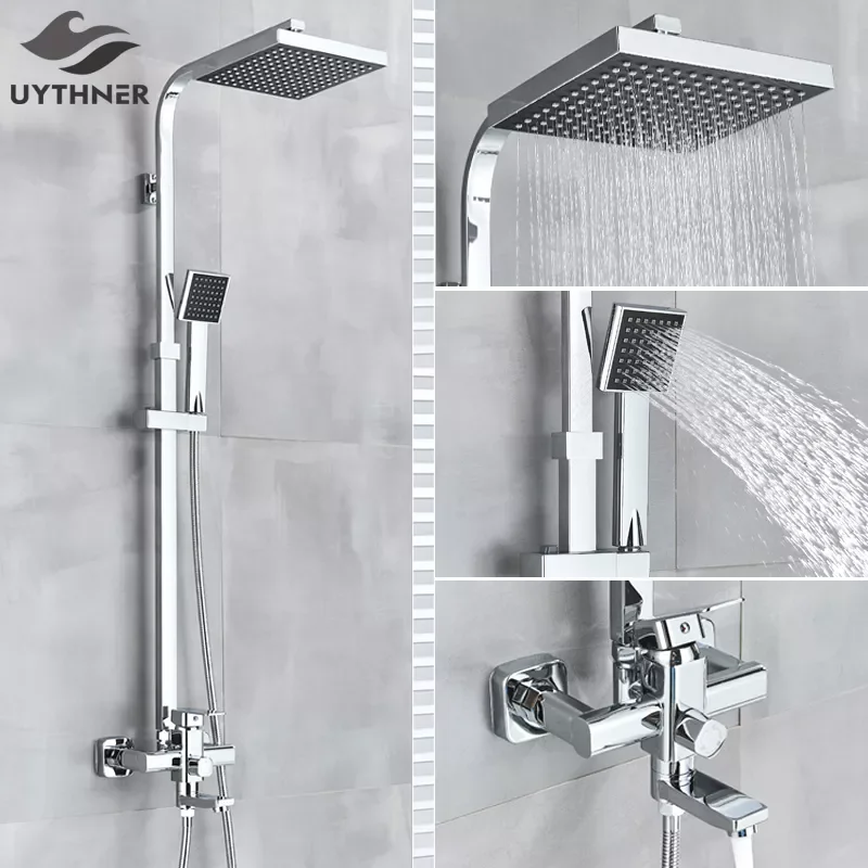

Bathroom Chrome/Black Shower Faucet Rotate Tub Spout Wall Mount 8" Rainfall Shower Head With Handshower Bathtub Mixer