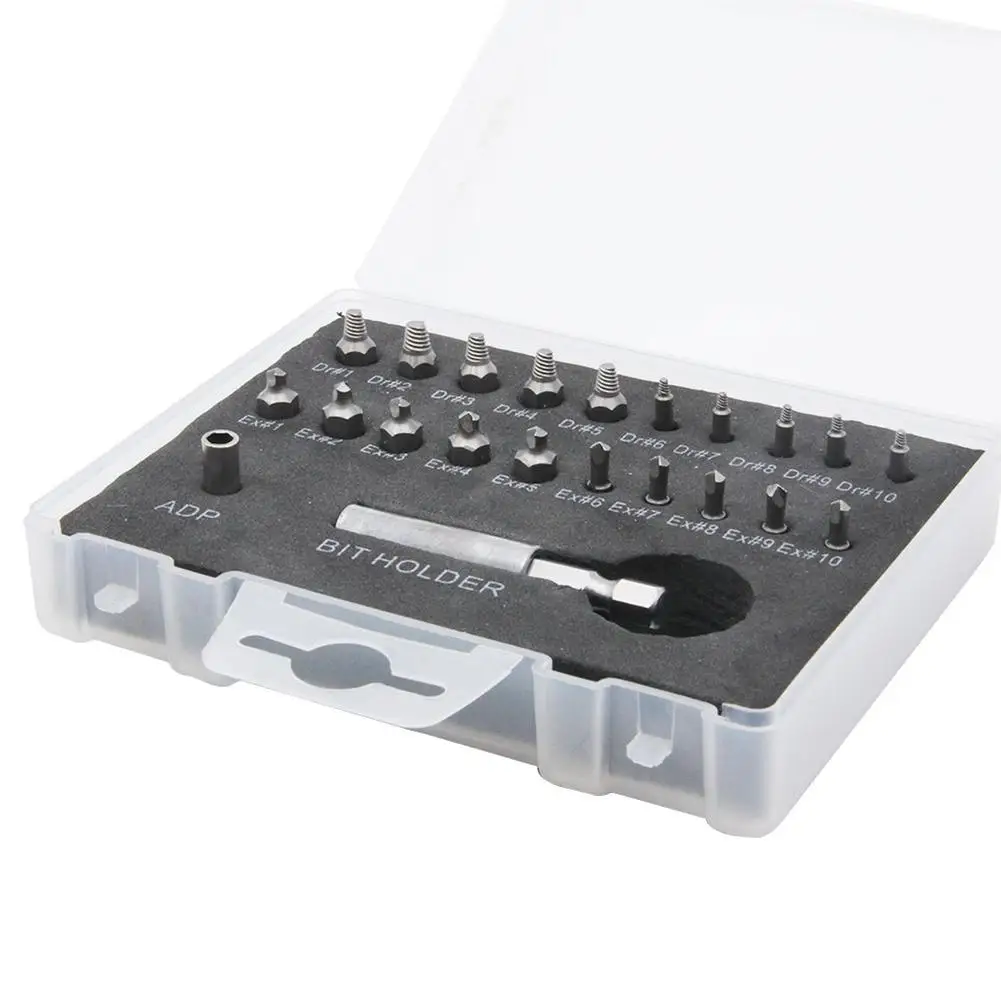22Pcs Damaged Screw Extractor Extension Drill Bit Holder Set Stripped Screw Remover Kit For Broken Bolt Power Tool Accessories
22Pcs Damaged Screw Extractor Extension Drill Bit Holder Set Stripped Screw Remover Kit For Broken Bolt Power Tool Accessories