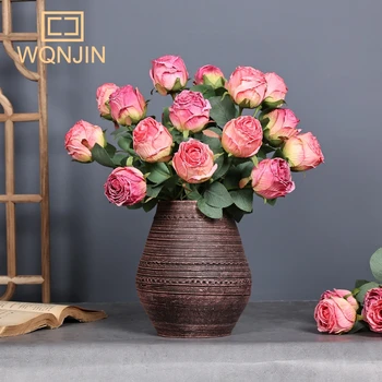 WQNJIN Single Branch Roasted Edge Roses For Living Room Party Entrance Fake Flowers European Style Roses With Burnt Edges