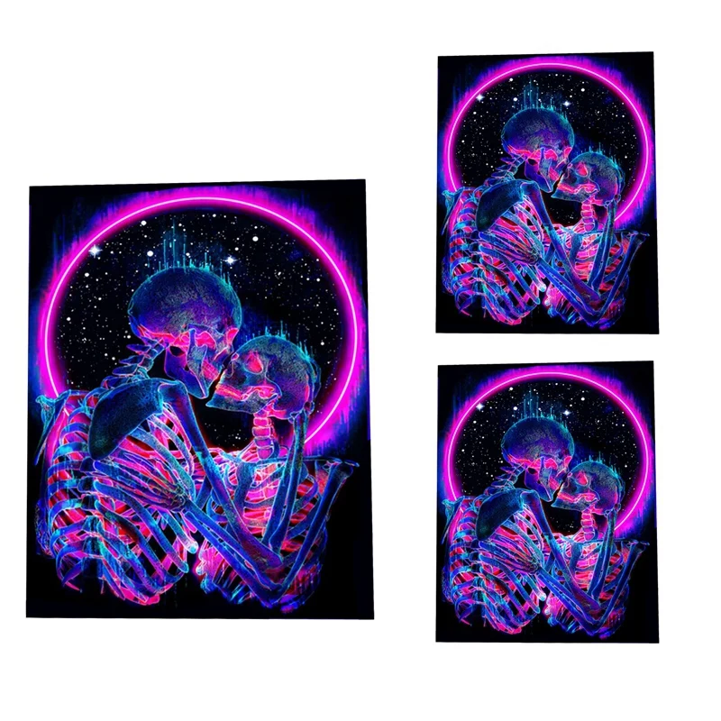 

Blacklight Skull Tapestry, The Kissing Lovers Tapestry UV Reactive Trippy Psychedelic Neon Tapestries Glow