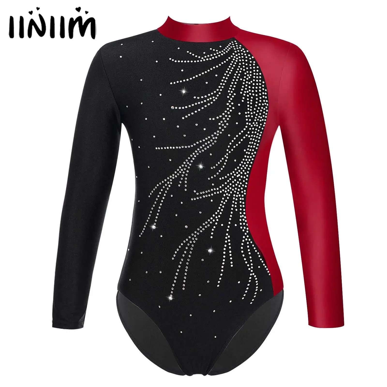 

Kids Girls Mock Neck Long Sleeve Shiny Faux Diamonds Adorned Keyhole Back Ballet Dance Leotard Ice Skating Jumpsuit