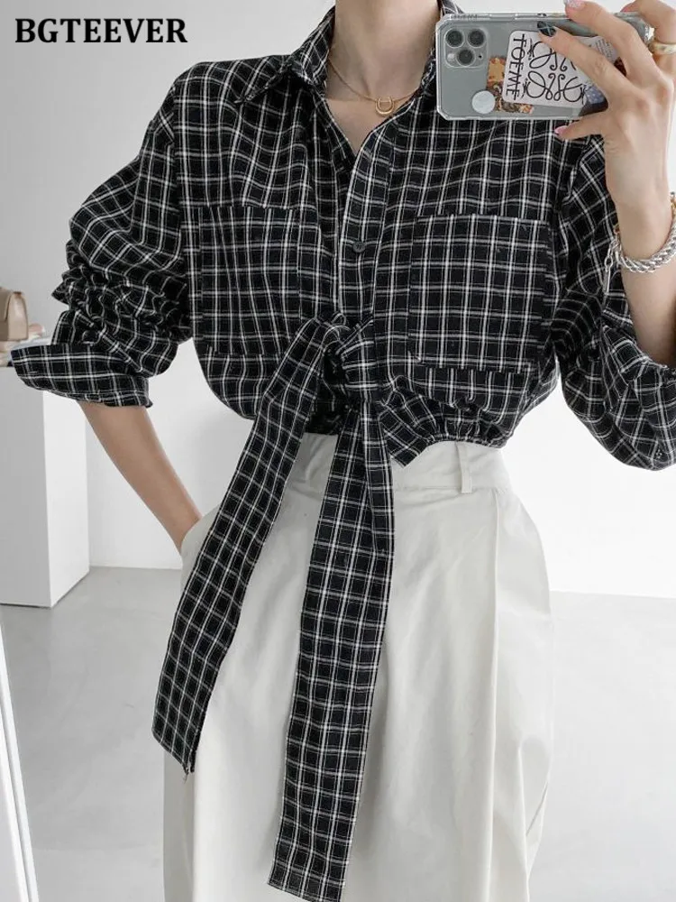BGTEEVER Chic Single-breasted Plaid Women Bow Shirts 2022 Spring Summer Pockets Short Ladies Tops Long Sleeve Female Blouses
BGTEEVER Chic Single-breasted Plaid Women Bow Shirts 2022 Spring Summer Pockets Short Ladies Tops Long Sleeve Female Blouses
