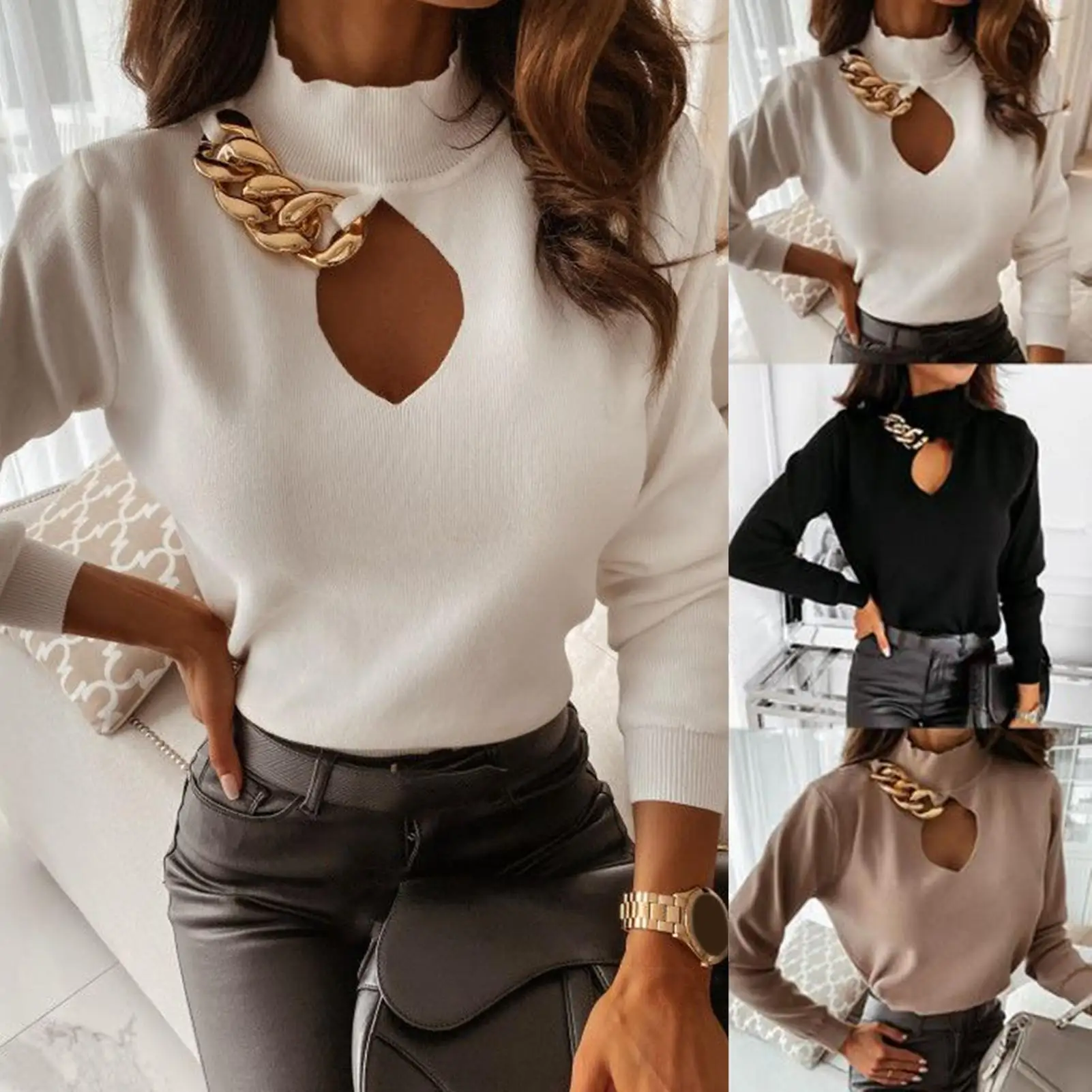 Sexy Women Hollow Out Metal Chain Blouse Long Sleeve Turtleneck Autumn Knitwear Woman Top
Sexy Women Hollow Out Metal Chain Blouse Long Sleeve Turtleneck Autumn Knitwear Woman Top