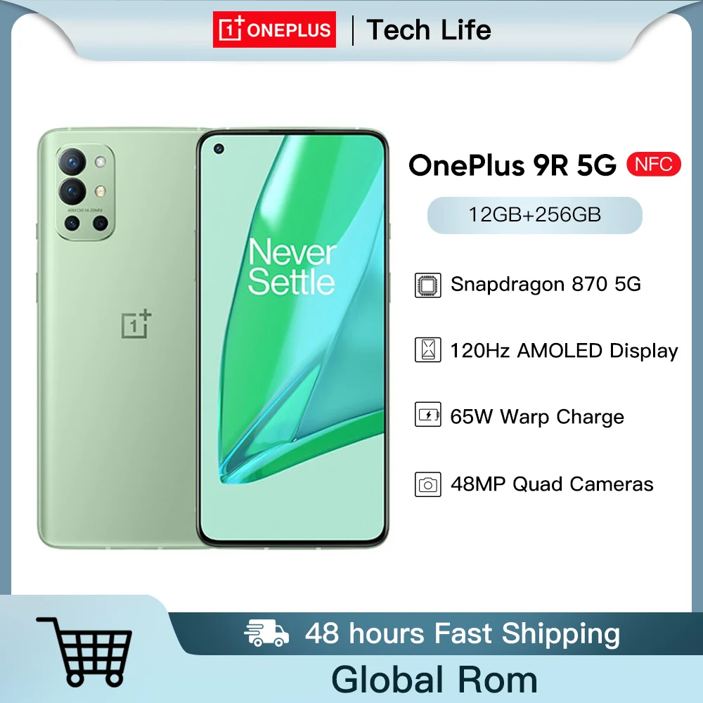 Оригинальный смартфон OnePlus 9R 5G Global Rom 9 R Snapdragon 870 12 ГБ 256 ГБ 6,55 дюймовый 120 Гц AMOLED экран 65 Вт Warp Mobile Phone Новый.