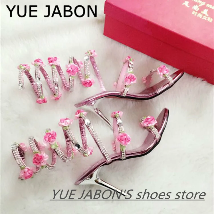 

2022 Rhinestone Bowknot Women Sandals Snake Strap Thin High Heels Summer Sexy Pointed Toe Luxurious gladiator sandals Party Shoe