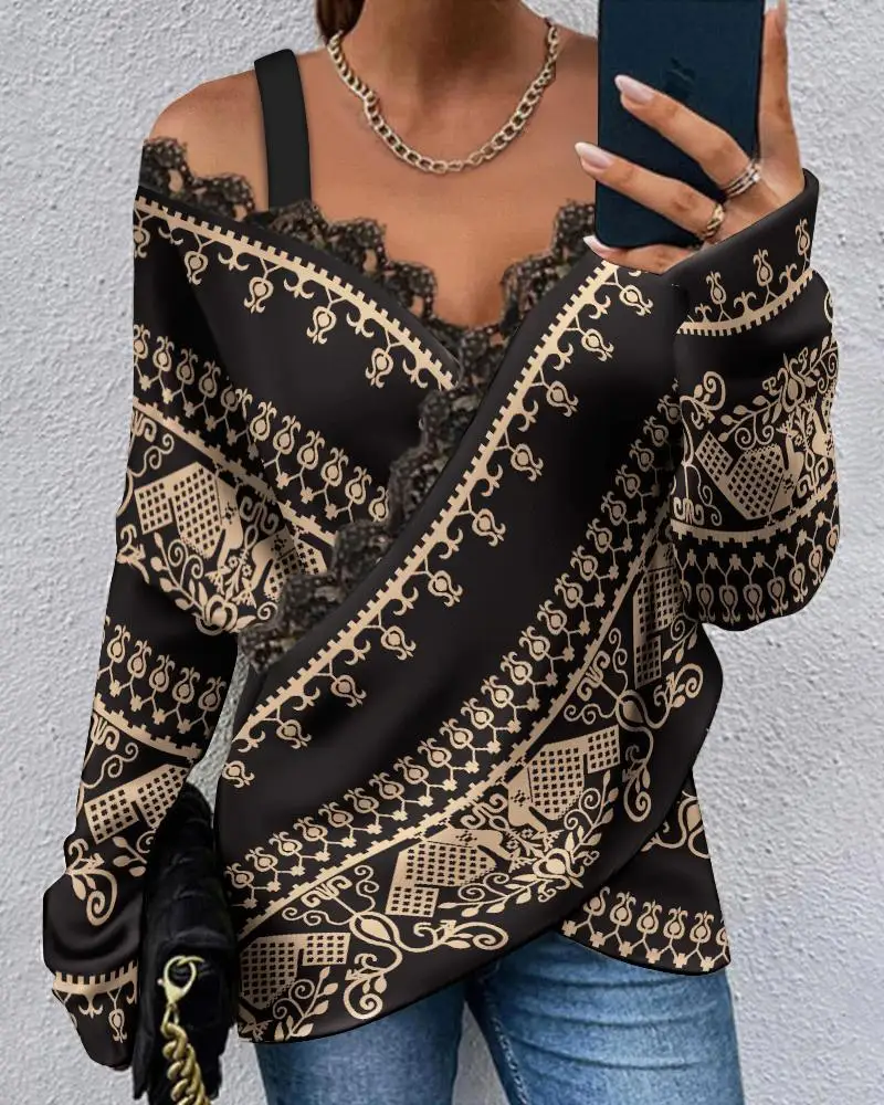 Tribal Print Contrast Lace Cold Shoulder Wrap Top Women V Neck Fashion Casual Blouse T Shirt Tops Spring Summer Sexy
Tribal Print Contrast Lace Cold Shoulder Wrap Top Women V Neck Fashion Casual Blouse T Shirt Tops Spring Summer Sexy