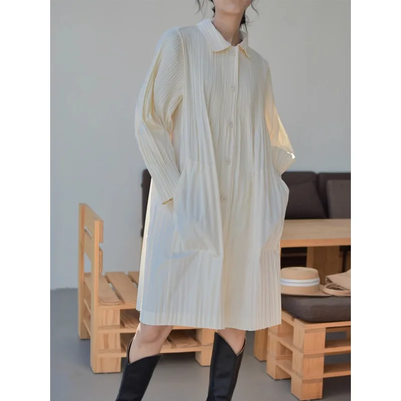 

Spring Autumn New Miyake Wind Pleated Women's Senior Sense of Medium-length Jacket White Trench Coat Commuter Temperament Tops