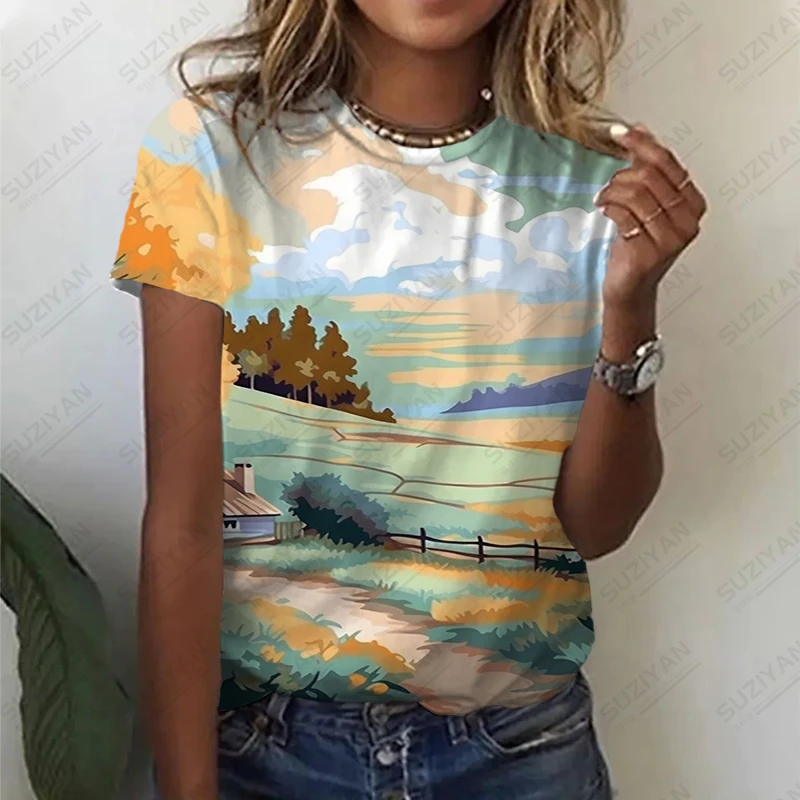 2023 простая элегантная футболка, свободная повседневная футболка, футболка с принтом пейзажа, новая летняя футболка с коротким рукавом, Одежда большого размера 
2023 простая элегантная футболка, свободная повседневная футболка, футболка с принтом пейзажа, новая летняя футболка с коротким рукавом, Одежда большого размера