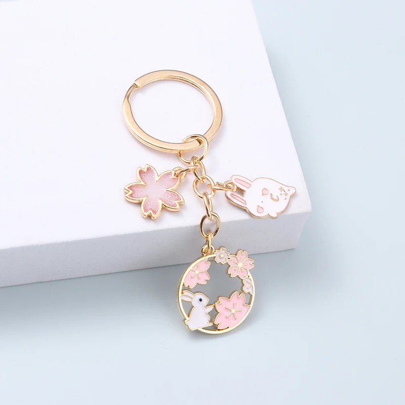 

Pretty Flowers Rabbit Keychains Cherry Blossom Plants Key Rings For Women Girls Birthday Friendship Gift Handmade DIY Jewelry