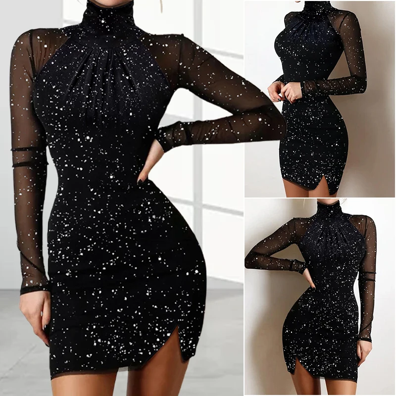 Женское облегающее мини-платье с высокой горловиной, блестящий дизайн, элегантный сетчатый контрастный рукав для вечернего коктейля, элега...
Женское облегающее мини-платье с высокой горловиной, блестящий дизайн, элегантный сетчатый контрастный рукав для вечернего коктейля, элега...