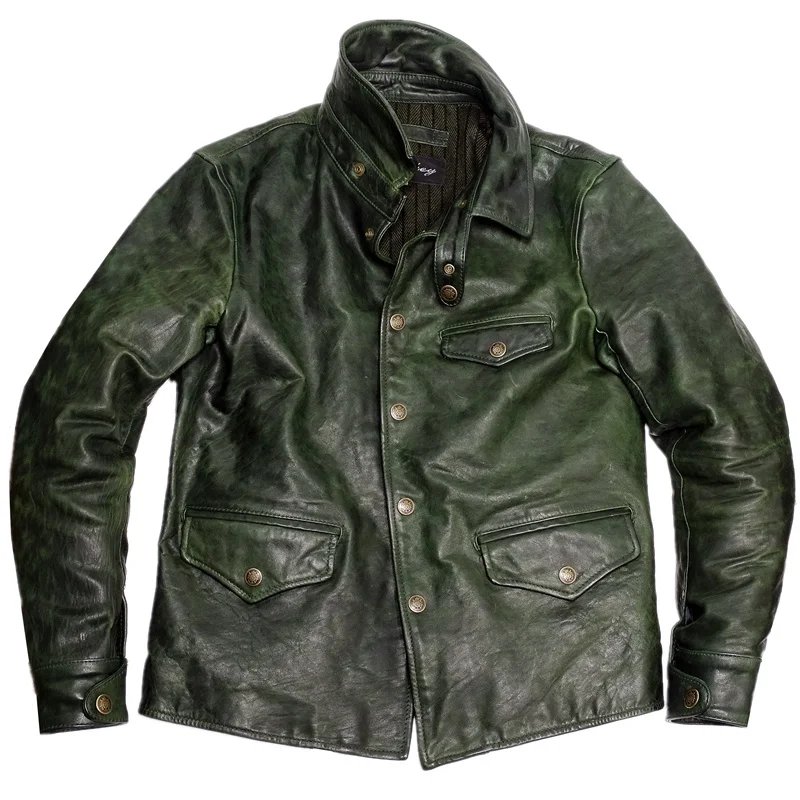 

Мужская кожаная куртка, плотная приталенная куртка кронштейна из конской шкуры, мотоциклетная американская винтажная Дизайнерская одежда для мужчин на осень и зиму