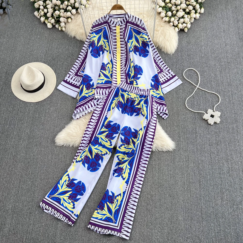 Ladies Retro Stand Collar Long Sleeve Loose Print Shirt Two Piece High Waist Straight Wide Leg Pants
Ladies Retro Stand Collar Long Sleeve Loose Print Shirt Two Piece High Waist Straight Wide Leg Pants