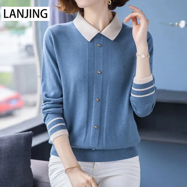 Sweater women's new mother spring autumn wear lapel knitted sweater top thin collar sweater shirt vintage
Sweater women's new mother spring autumn wear lapel knitted sweater top thin collar sweater shirt vintage