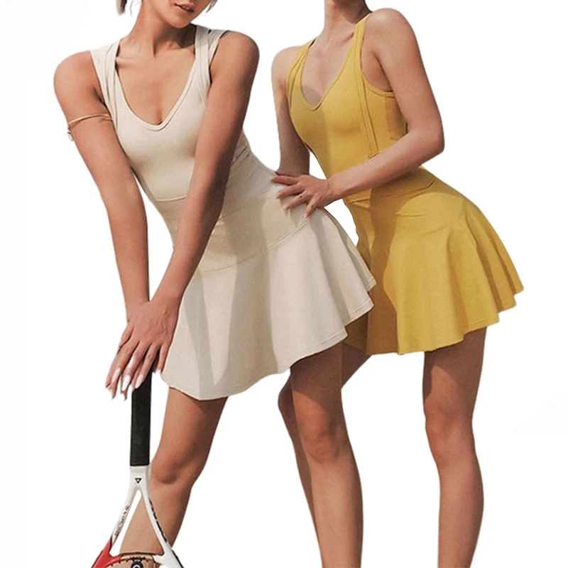 

CUGOAO One Piece Tennis Dress with Short for Women Sexy Sleeveless Golf Badminton Dresses with Pad Female Casual Sportswear