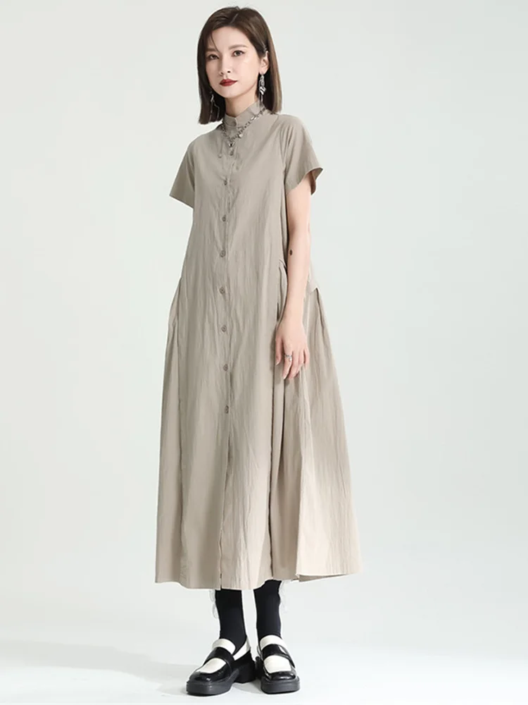 Women Khaki Pleated Long Elegant Shirt Dress New Stand Collar Short Sleeve Loose Fit Fashion Spring Summer 2022 M648
Women Khaki Pleated Long Elegant Shirt Dress New Stand Collar Short Sleeve Loose Fit Fashion Spring Summer 2022 M648