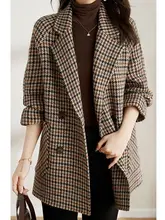 Blazer Wol Wanita Houndstooth Vintage Baru Jaket Setelan Wanita Kotak-kotak Berkancing Dua Baris Mantel Blaser Longgar Pakaian Luar Korea Mode