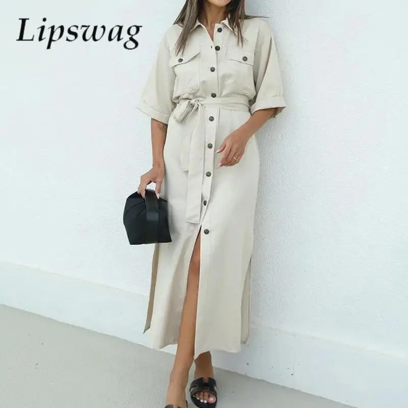 Spring Short Sleeve Women Loose Beach Dress Lady Casual Pocket Lace-up Long Dress Summer New French Single-breasted Shirt Dress
Spring Short Sleeve Women Loose Beach Dress Lady Casual Pocket Lace-up Long Dress Summer New French Single-breasted Shirt Dress