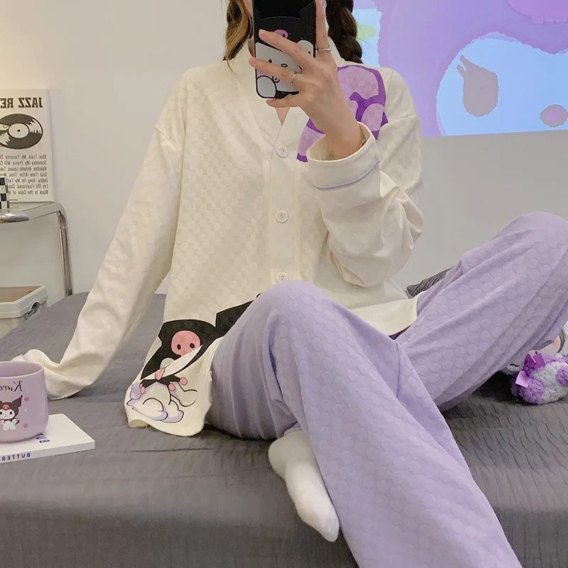 Новый осенний пижамный комплект Sanrio аниме Kuromi Cinnamoroll My Melody мультяшный Кардиган с длинным рукавом Домашняя одежда уличный подарок для девушек