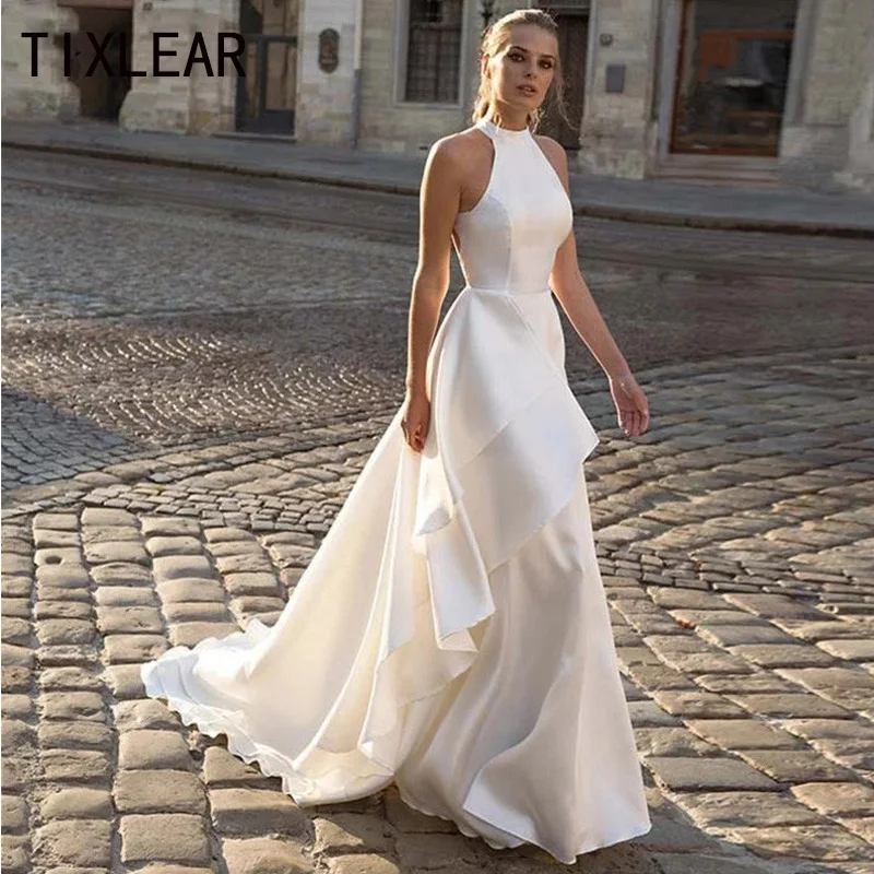 

Женское атласное свадебное платье TIXLEAR, белое элегантное простое платье-трапеция со шлейфом и лямкой на шее, 2023