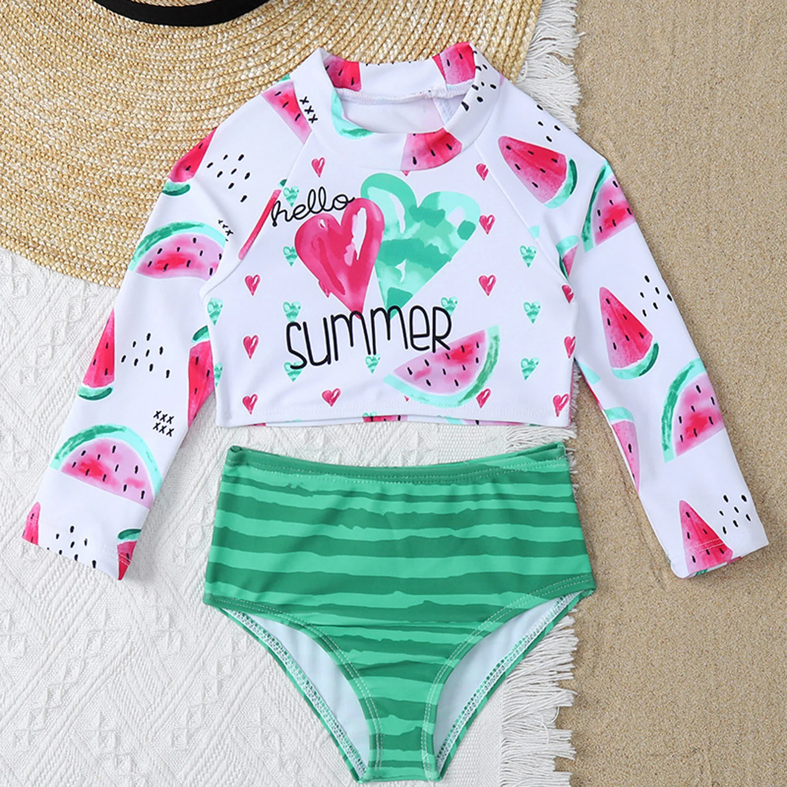 

2Pcs Kids Girls Swimming Suit Cute Watermelon and Letter Print Swimwear Long Sleeve Round Neck Swim Top Bikini Bottoms Swimsuit