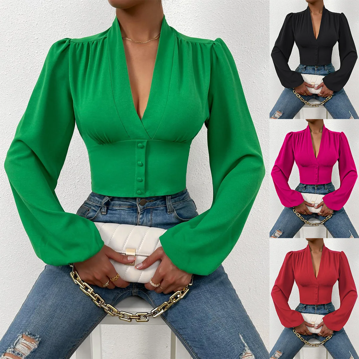 Summer Women V Neck Short Top Long Lantern Sleeve Top Elastic Waist Button Casual Tops Solid Pullover Elegant Office Lady 2023
Summer Women V Neck Short Top Long Lantern Sleeve Top Elastic Waist Button Casual Tops Solid Pullover Elegant Office Lady 2023
