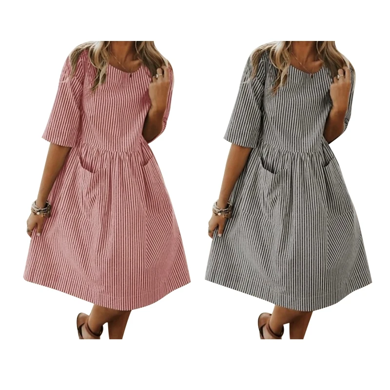 Women Summer Half Sleeve Round Neck Midi Long Swing Dress Striped Print High Waist Casual Loose Sundress with Pockets A5KE
Women Summer Half Sleeve Round Neck Midi Long Swing Dress Striped Print High Waist Casual Loose Sundress with Pockets A5KE