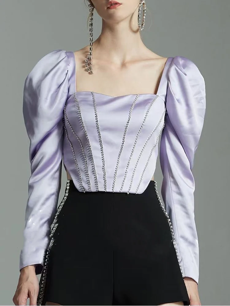 Spring and summer new long-sleeved diamond chain waist-exposed blouse new temperament square collar slim short bottoming shirt
Spring and summer new long-sleeved diamond chain waist-exposed blouse new temperament square collar slim short bottoming shirt