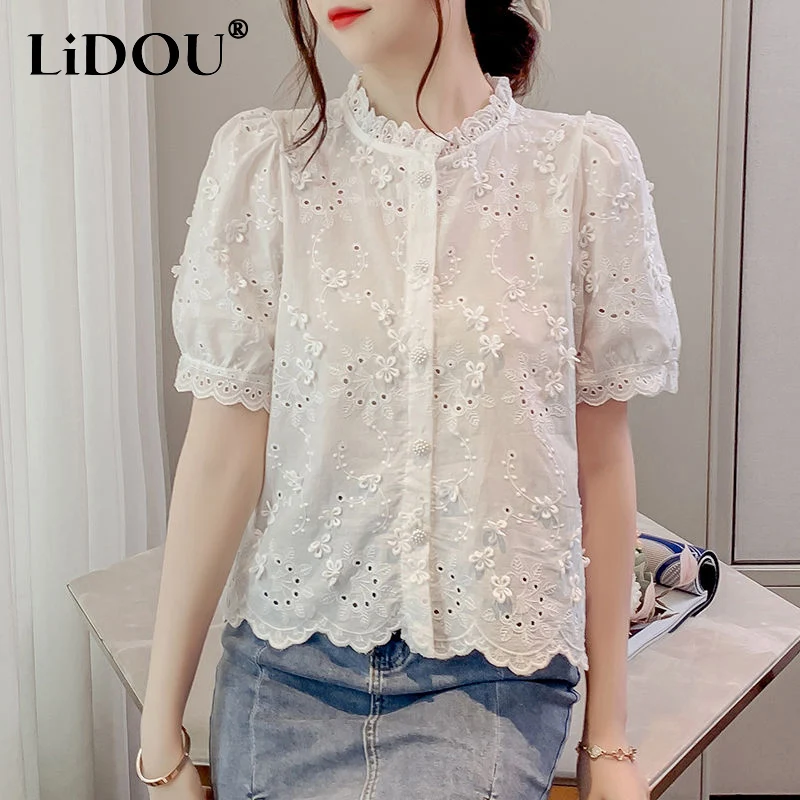 Summer Solid Color Stand Collar Short Sleeve Shirt Women Elegance Hollow Out Embroidered Single Breasted Cardigan Korean Tops
Summer Solid Color Stand Collar Short Sleeve Shirt Women Elegance Hollow Out Embroidered Single Breasted Cardigan Korean Tops