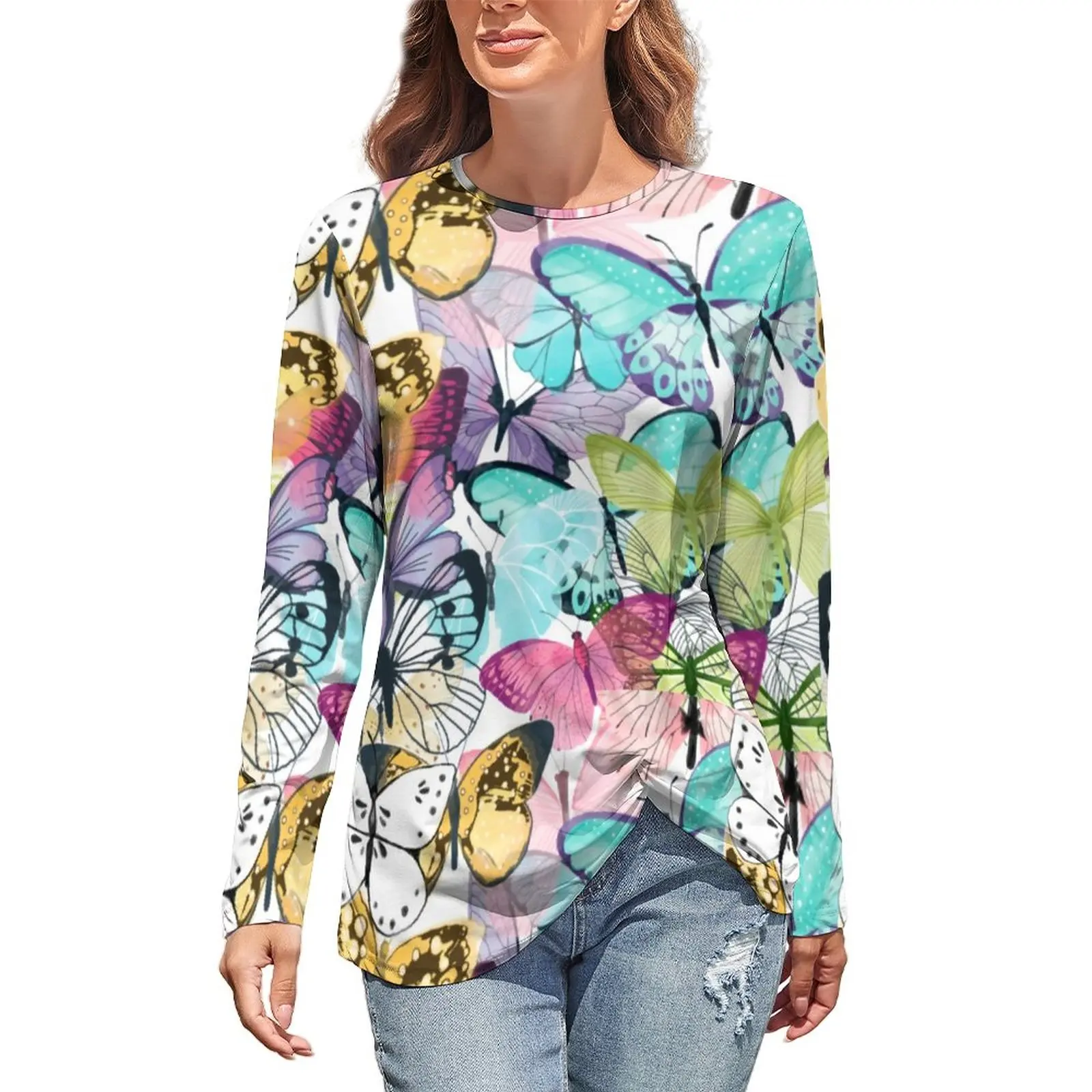 Футболка женская оверсайз с длинным рукавом, милая Повседневная рубашка с разноцветным принтом бабочки и цветов
Футболка женская оверсайз с длинным рукавом, милая Повседневная рубашка с разноцветным принтом бабочки и цветов