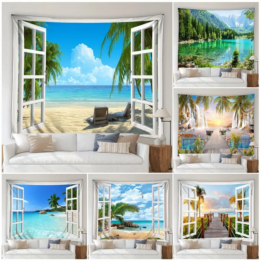 

Ocean Beach Landscape Tapestry Island Coconut Trees Forest Nature Scenery Garden Wall Hanging Home Living Room Decor Tablecloth