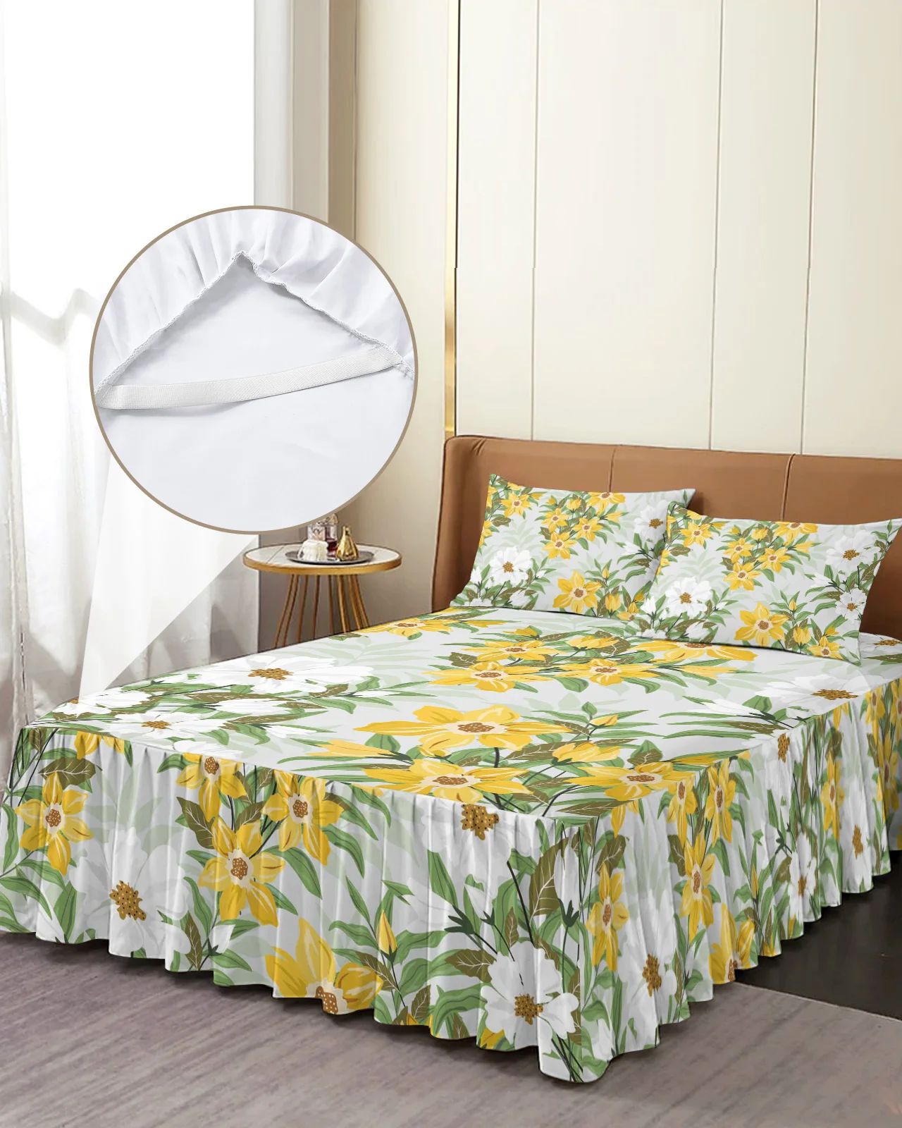 

Tropical Plant Flower Leaves Bed Skirt Elastic Fitted Bedspread With Pillowcases Mattress Cover Bedding Set Bed Sheet
