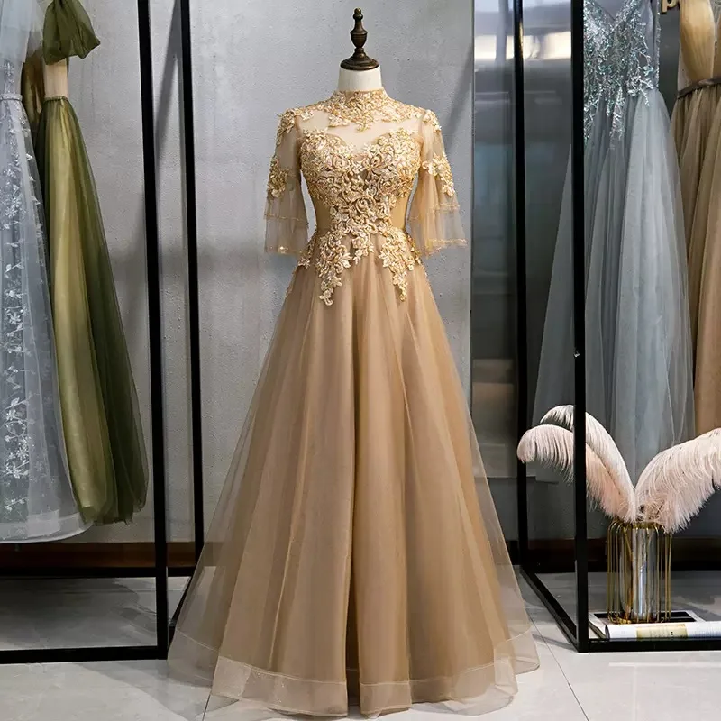 New Elegant High Neck Long Evening Dresses Fashion A-line Tulle Vestido Longo Festa Classic Lace Prom Dresses With Sleeves
New Elegant High Neck Long Evening Dresses Fashion A-line Tulle Vestido Longo Festa Classic Lace Prom Dresses With Sleeves
