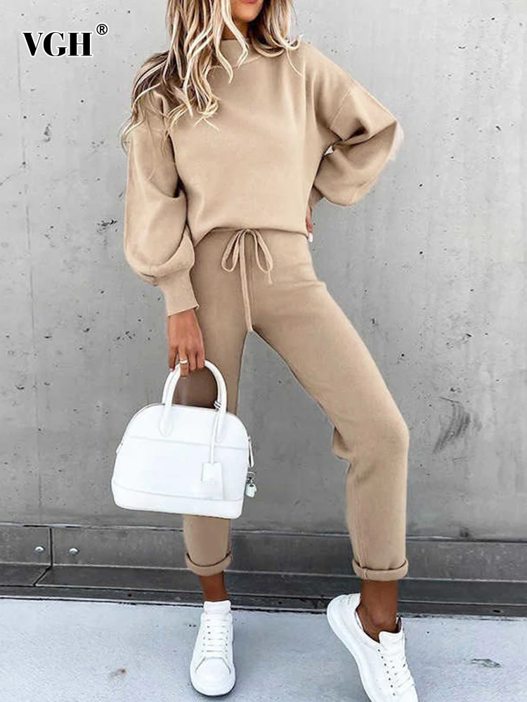 VGH Casual Two Piece Set For Women O Neck Long Sleeve Tops High Waist Lace Up Wide Leg Pants Loose Sets Female 2022 Clothing New
VGH Casual Two Piece Set For Women O Neck Long Sleeve Tops High Waist Lace Up Wide Leg Pants Loose Sets Female 2022 Clothing New