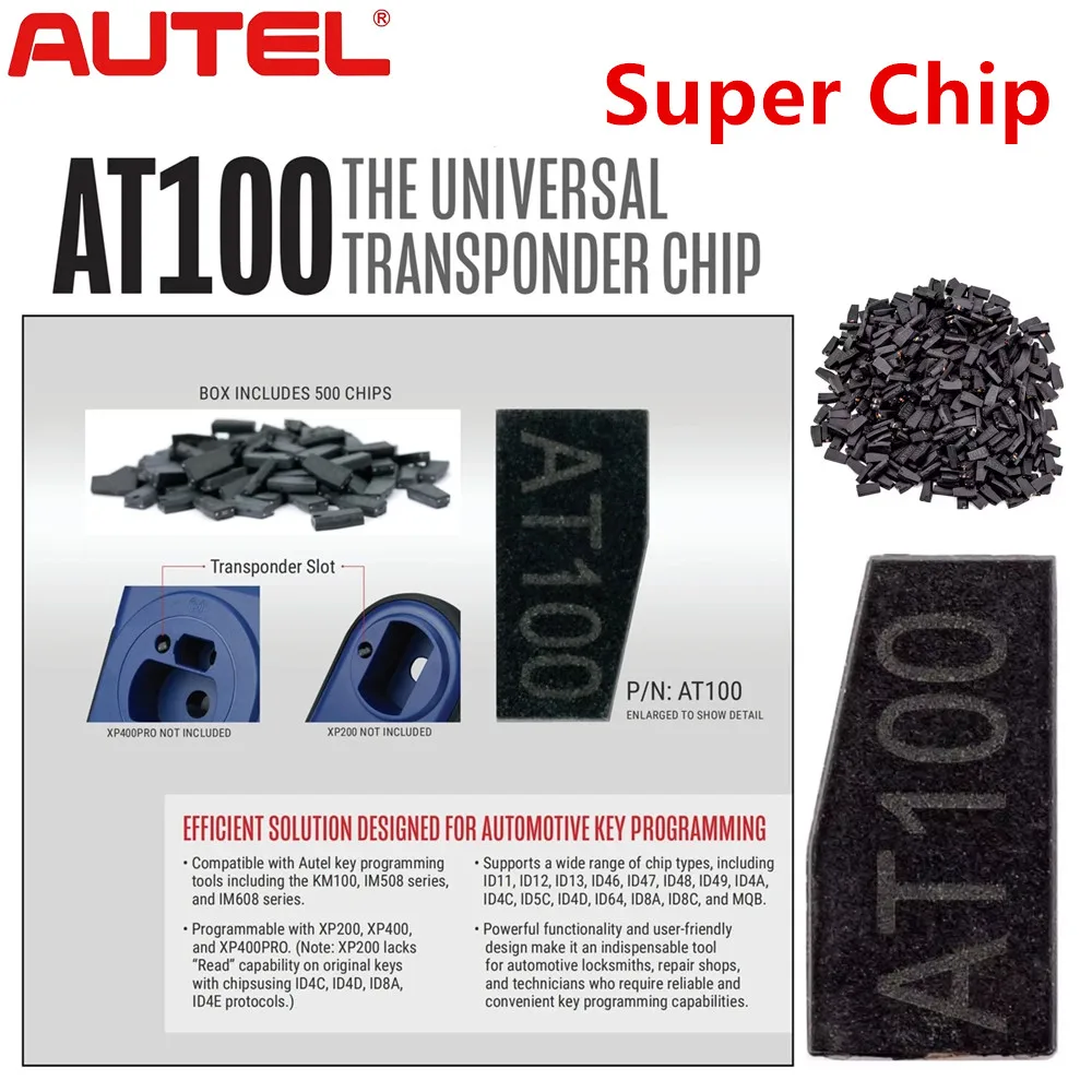 Универсальный супертранспондерный чип Autel AT100, совместимый с сериями KM100 IM508 и сериями IM608.
Универсальный супертранспондерный чип Autel AT100, совместимый с сериями KM100 IM508 и сериями IM608.