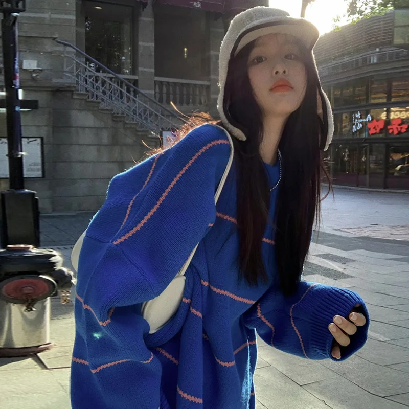 Klein Blue Sweater Women Autumn Winter Loose Round Neck Pullover Lazy Striped Thick Top Girl Blue Jumper Harajuku Chic Knitwear
Klein Blue Sweater Women Autumn Winter Loose Round Neck Pullover Lazy Striped Thick Top Girl Blue Jumper Harajuku Chic Knitwear