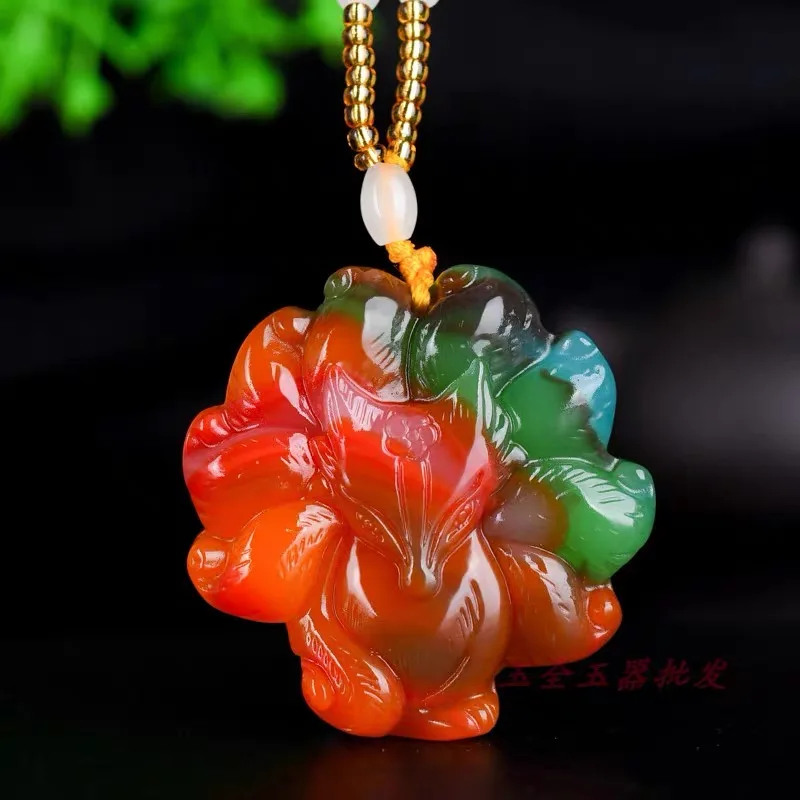 Colored jade Nine Tailed Fox Pendant Amulet Natural Necklace Carved Jewelry Gemstone Charm Jadeite Fashion Gifts Women Chinese |