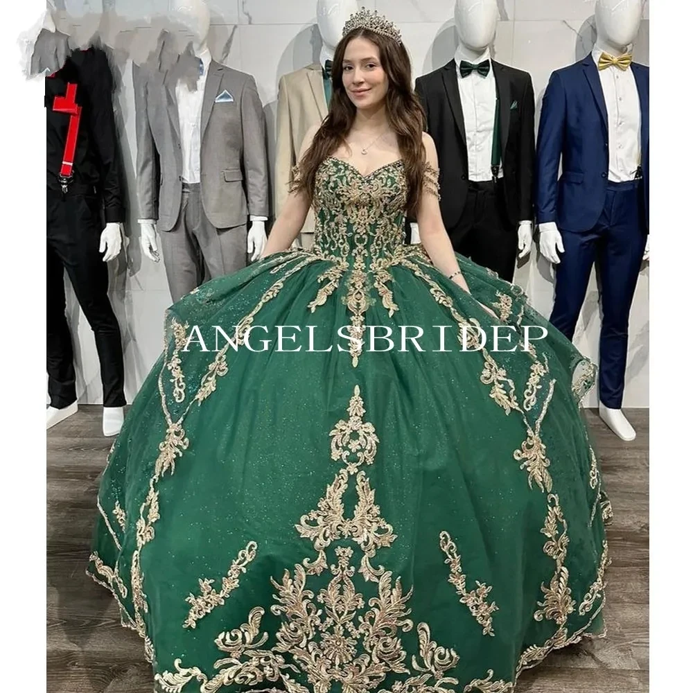 

Angelsbridep 2023 изумрудно-зеленое платье с открытыми плечами бальное платье с блестками кружевной корсет с аппликацией 15 лет