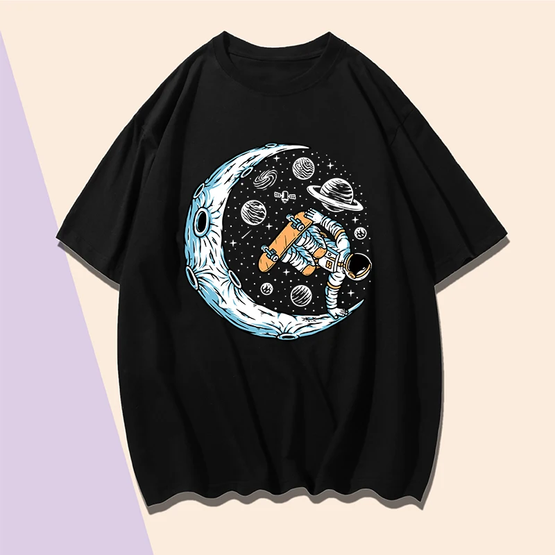 

Moon Skate Astronaut Printing T Shirt Short Sleeve Round Neck Loose T Shirt L XL XXL XXXL Black Cotton Casual Clothing