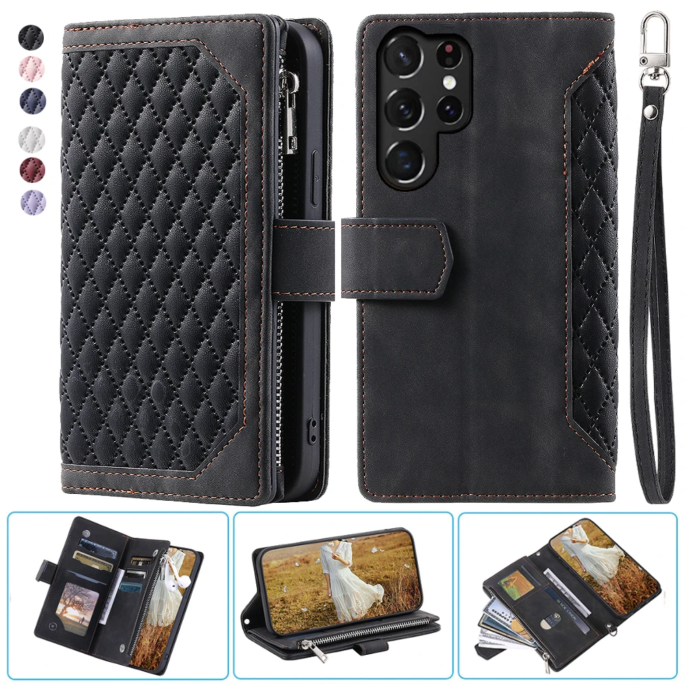 

Samsung S22 Ultra 5G Fashion Small Fragrance Zipper Wallet Leather Case Flip Cover Multi Card Slots Cover Folio with Wrist Strap