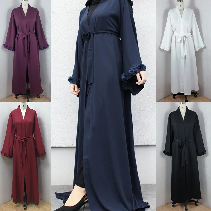 

Модное кимоно Рамадан ИД, мусульманское платье с 3D цветочным рукавом, элегантная однотонная длинная мусульманская абайя, Женская скромная одежда, одежда, Халат